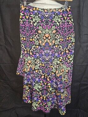 Floral Black Tiered Midi Skirt with Purple & Orange Blooms